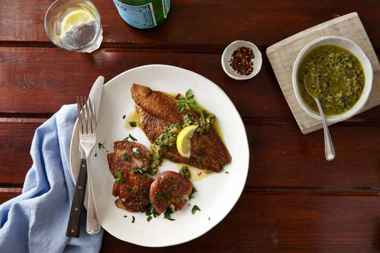 Harvest-Select - Crispy Pan Seared Catfish with Chimichurri and Fried Smash Red Potatoes